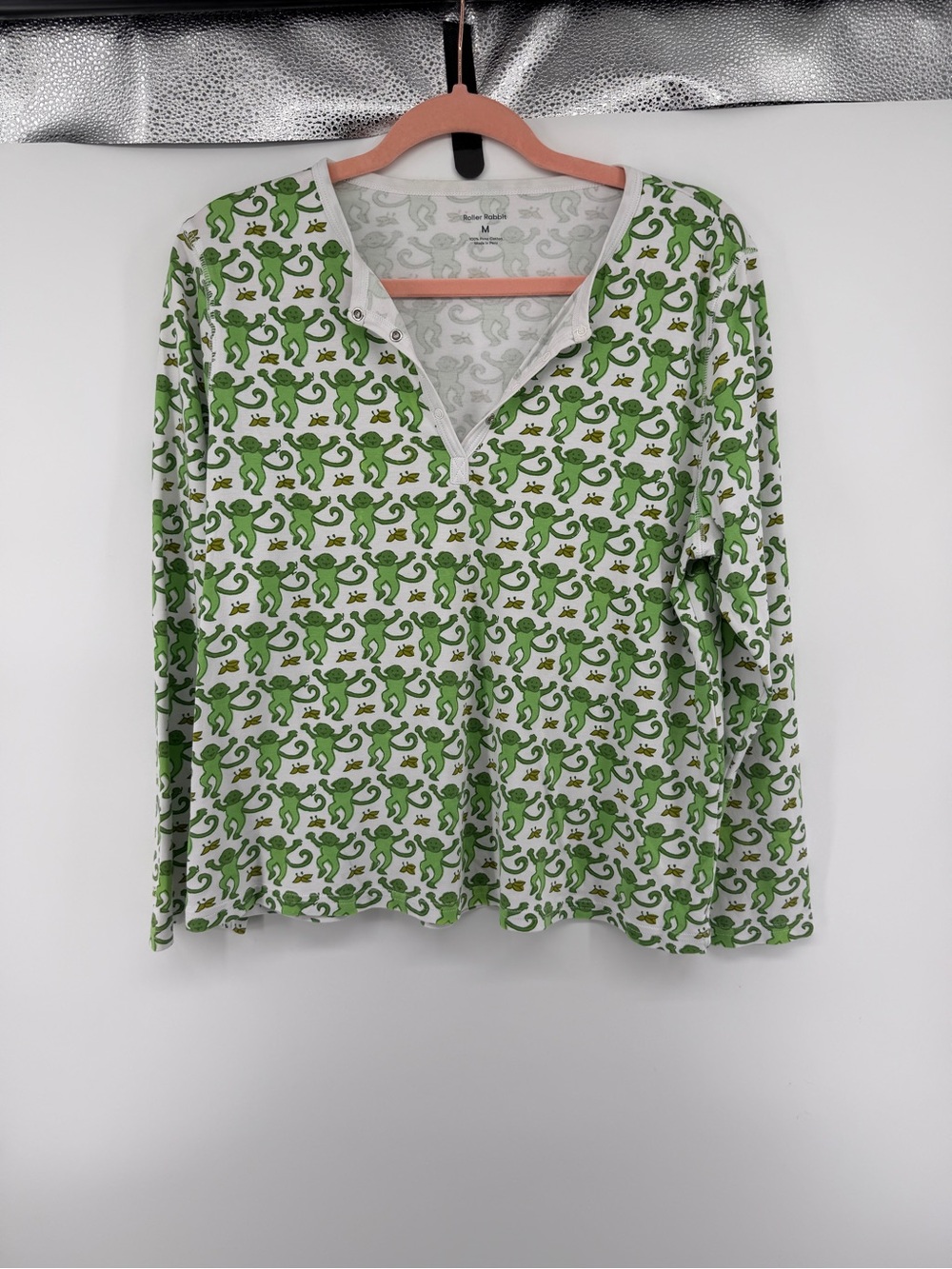 Roller Rabbit‎ Grandmillennial Preppy White/Green Monkey-Print L/S Henley SzM